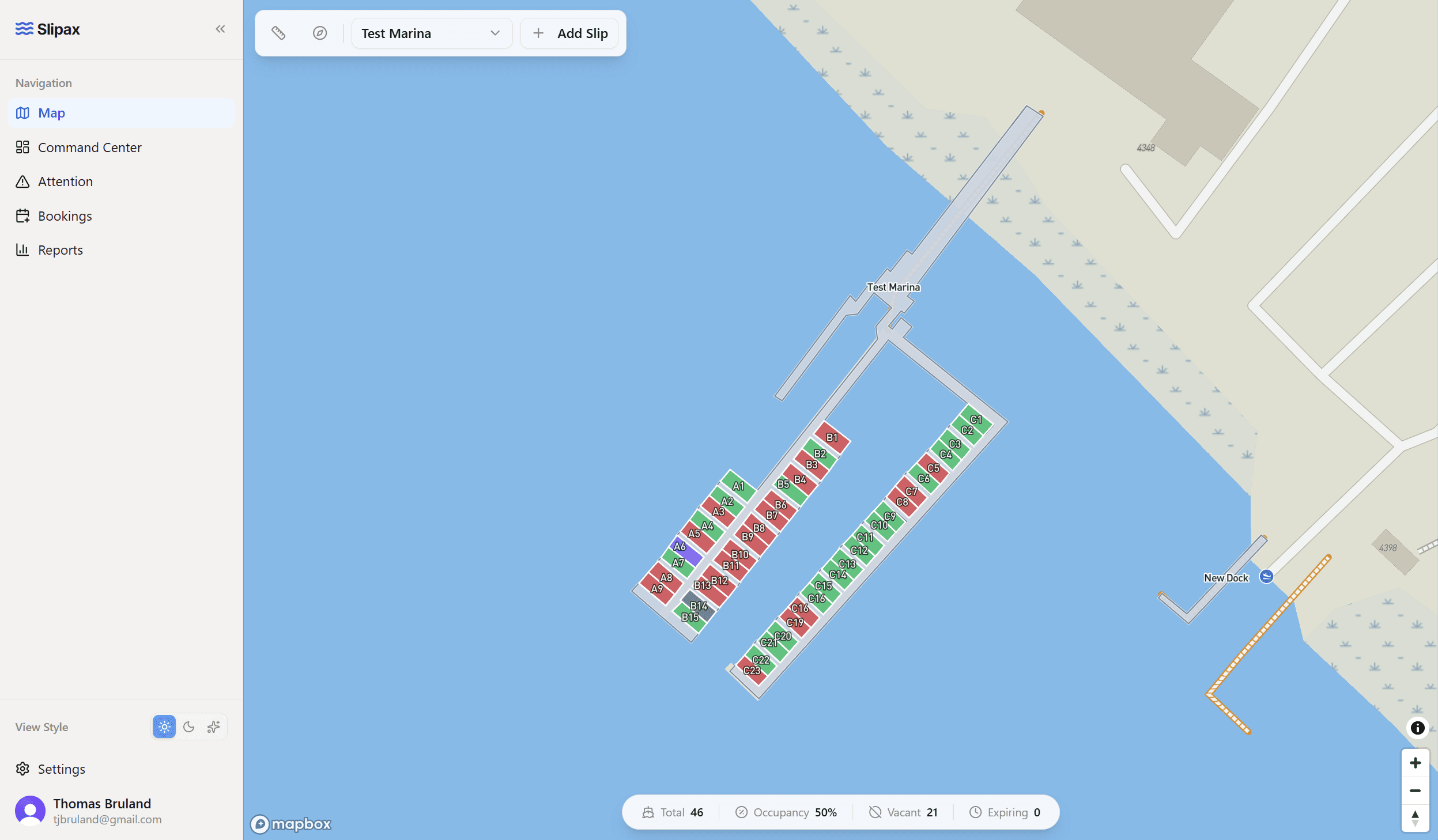 Slipax marina map view showing docks, slip occupancy, and add-slip controls.